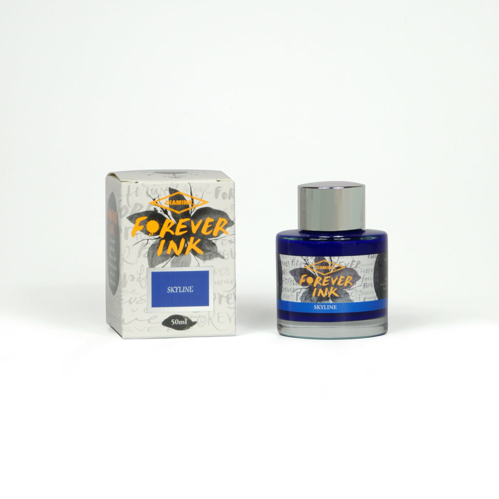 Diamine Skyline Forever Ink fountain pen ink bottle and packaging on a white background.