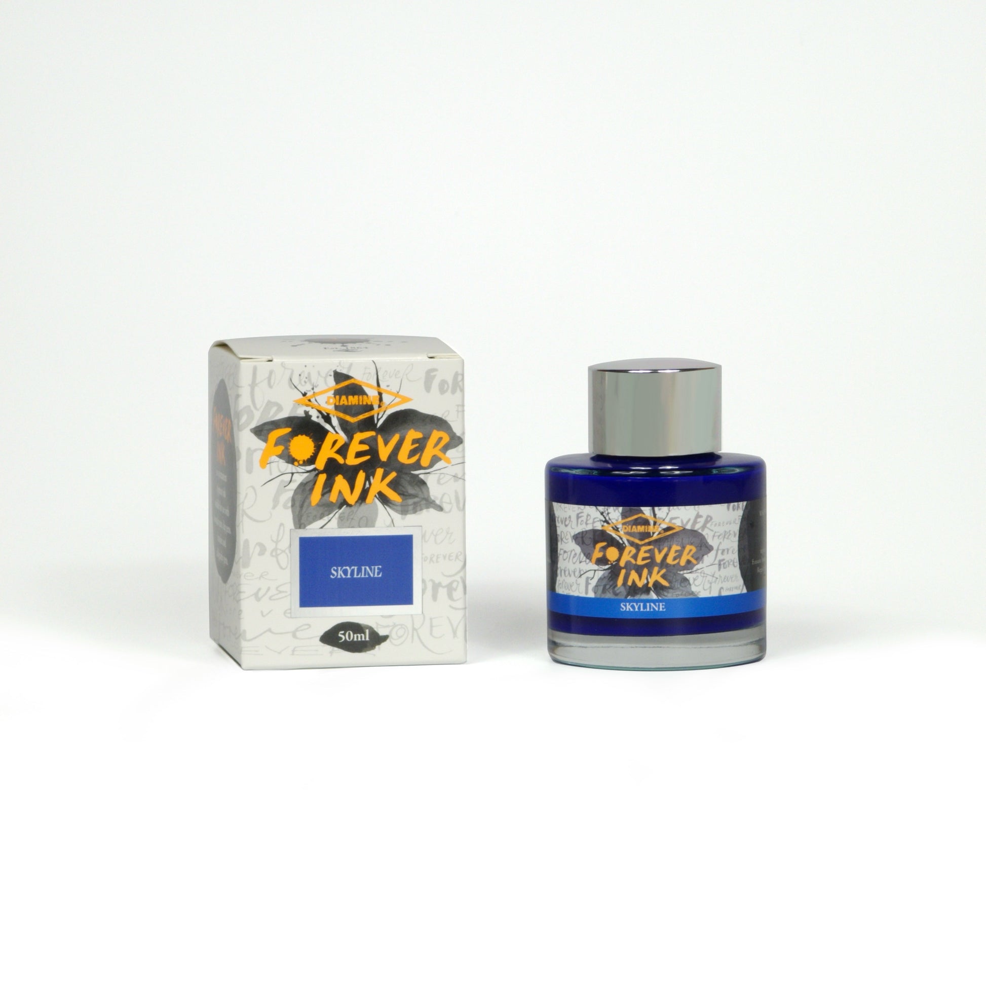 Diamine Skyline Forever Ink fountain pen ink bottle and packaging on a white background.