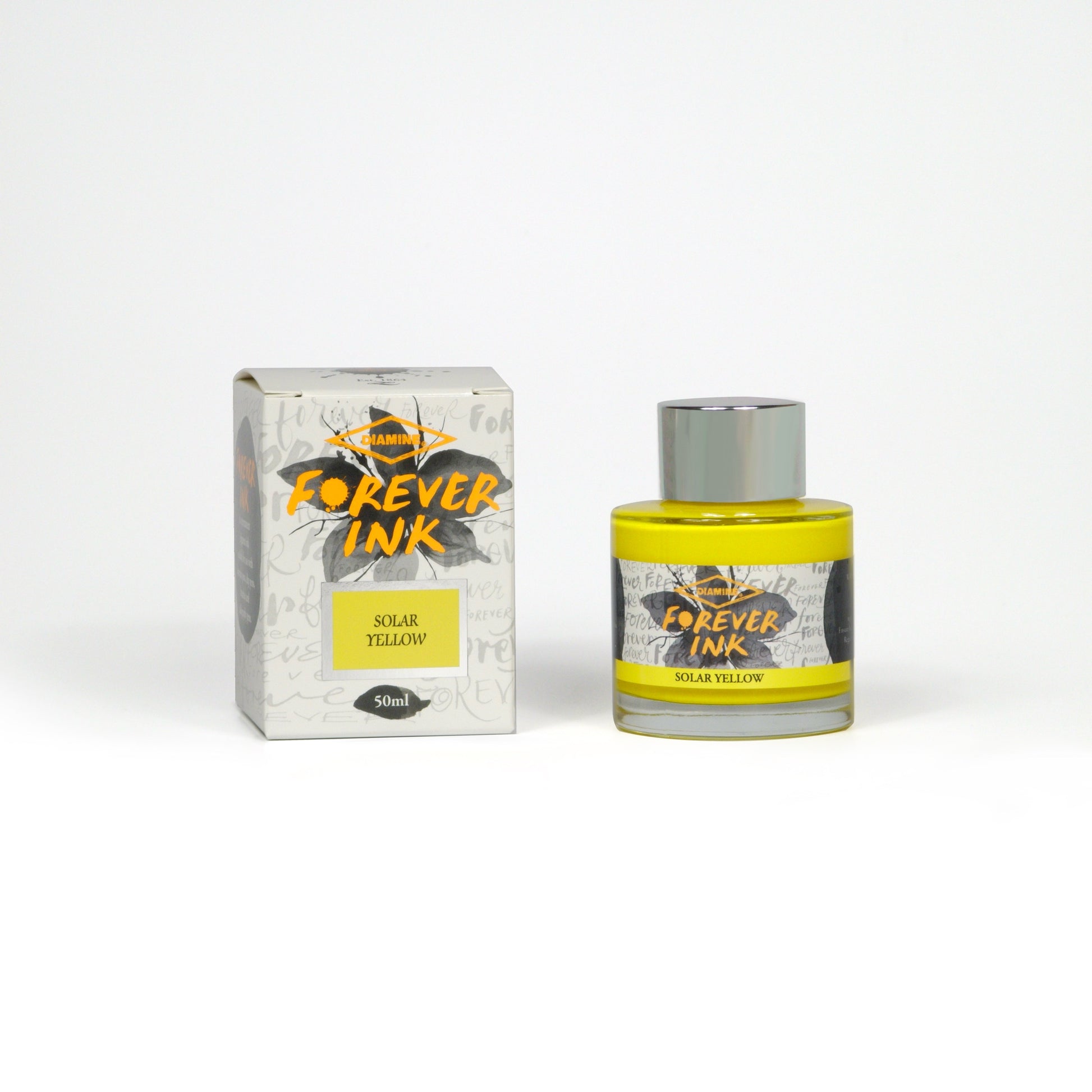 Diamine Solar Yellow Forever Ink fountain pen ink bottle and packaging on a white background.