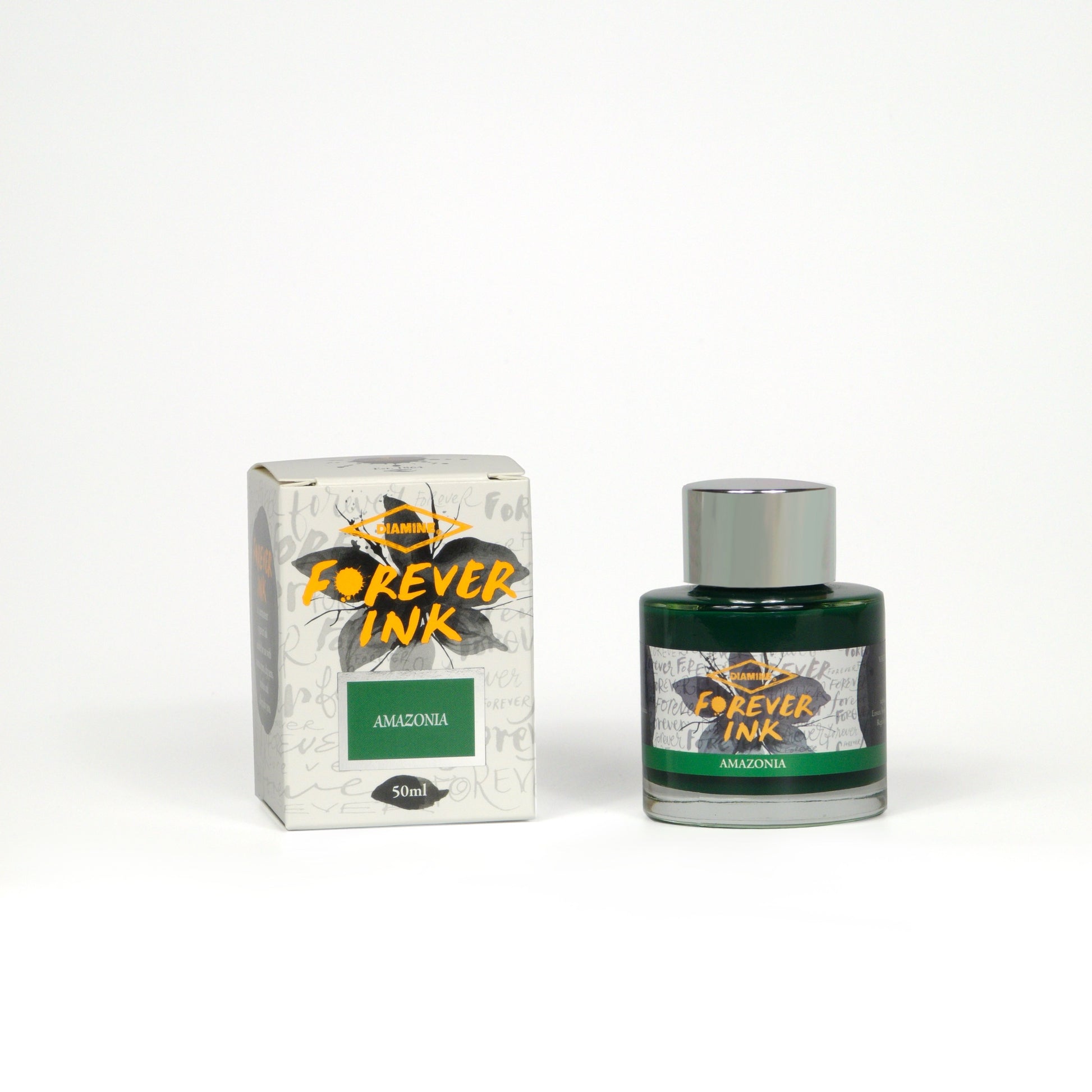 Diamine Amazonia Forever Ink fountain pen ink bottle and packaging on a white background.