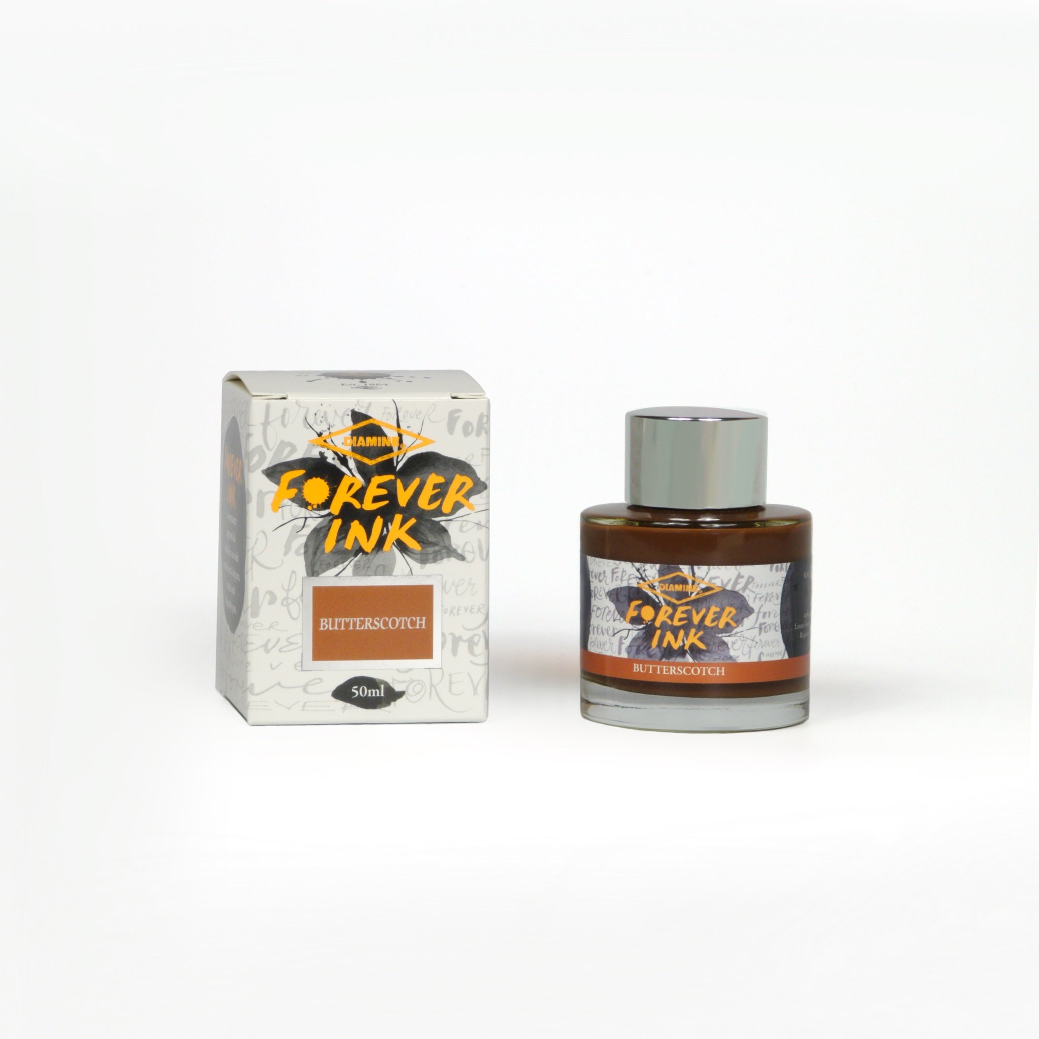 Diamine Butterscotch Forever Ink fountain pen ink bottle and packaging on a white background.