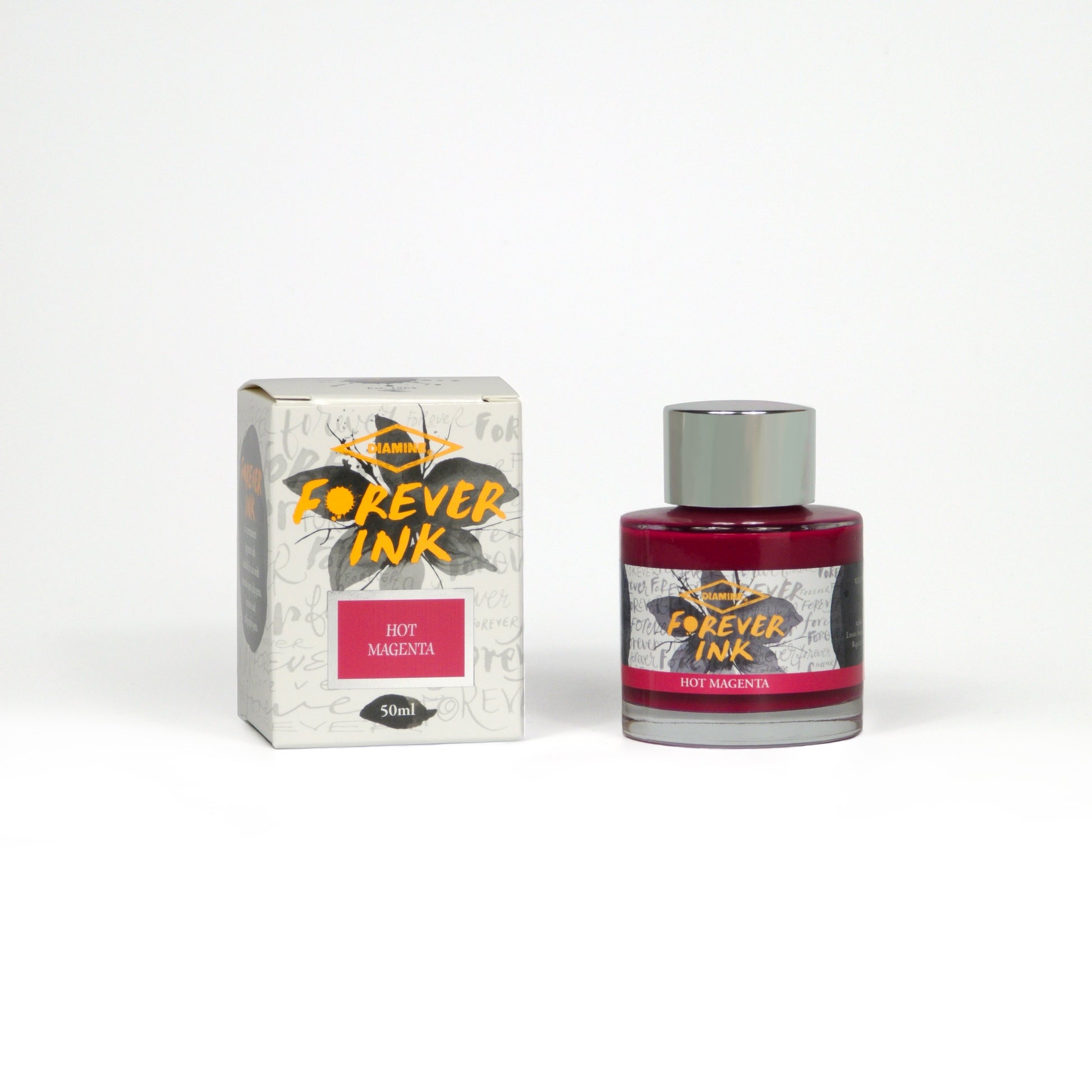 Diamine Hot Magenta Forever Ink fountain pen ink bottle and packaging on a white background.