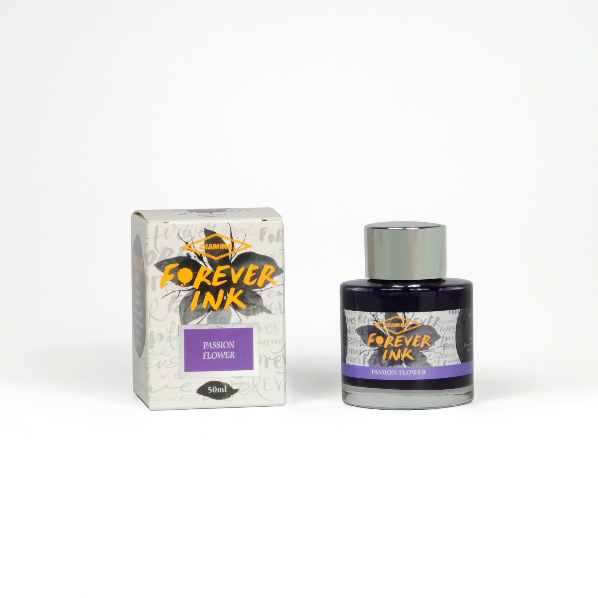 Diamine Passion Flower Forever Ink fountain pen ink bottle and packaging on a white background.