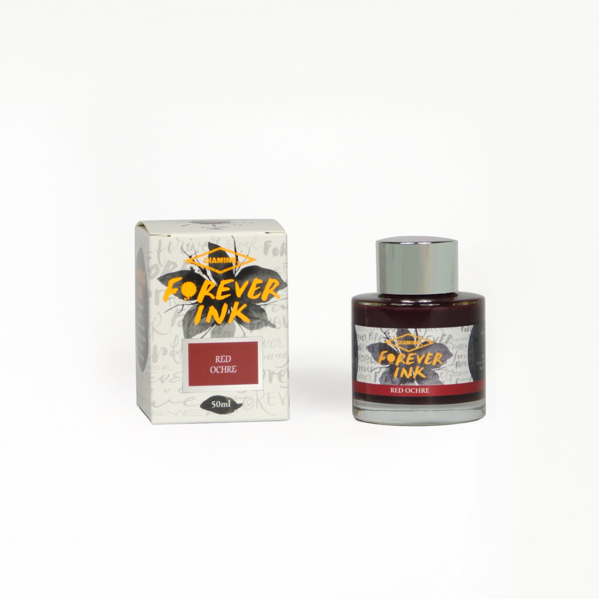 Diamine Red Ochre Forever Ink fountain pen ink bottle and packaging on a white background.