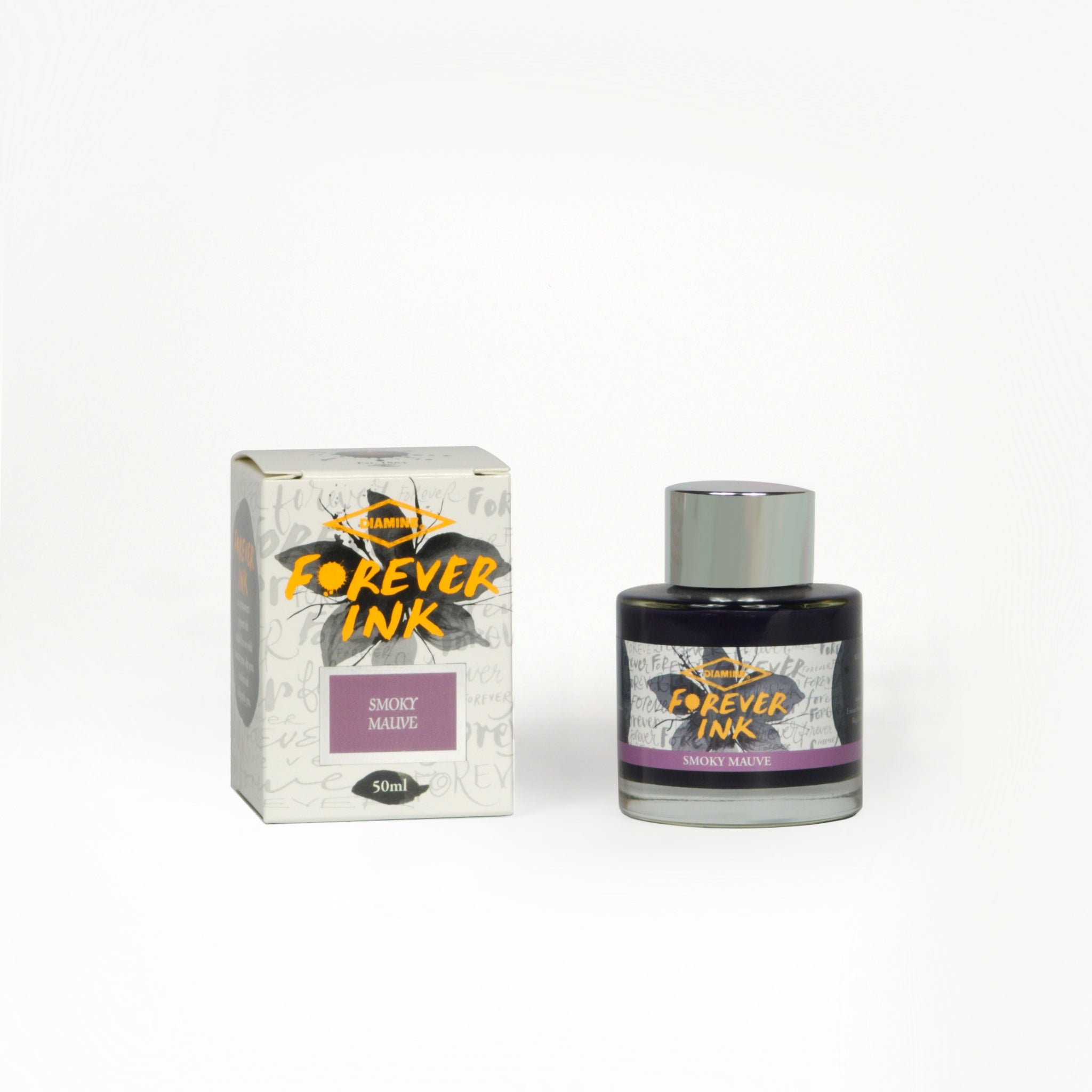 Diamine Smoky Mauve Forever Ink fountain pen ink bottle and packaging on a white background.