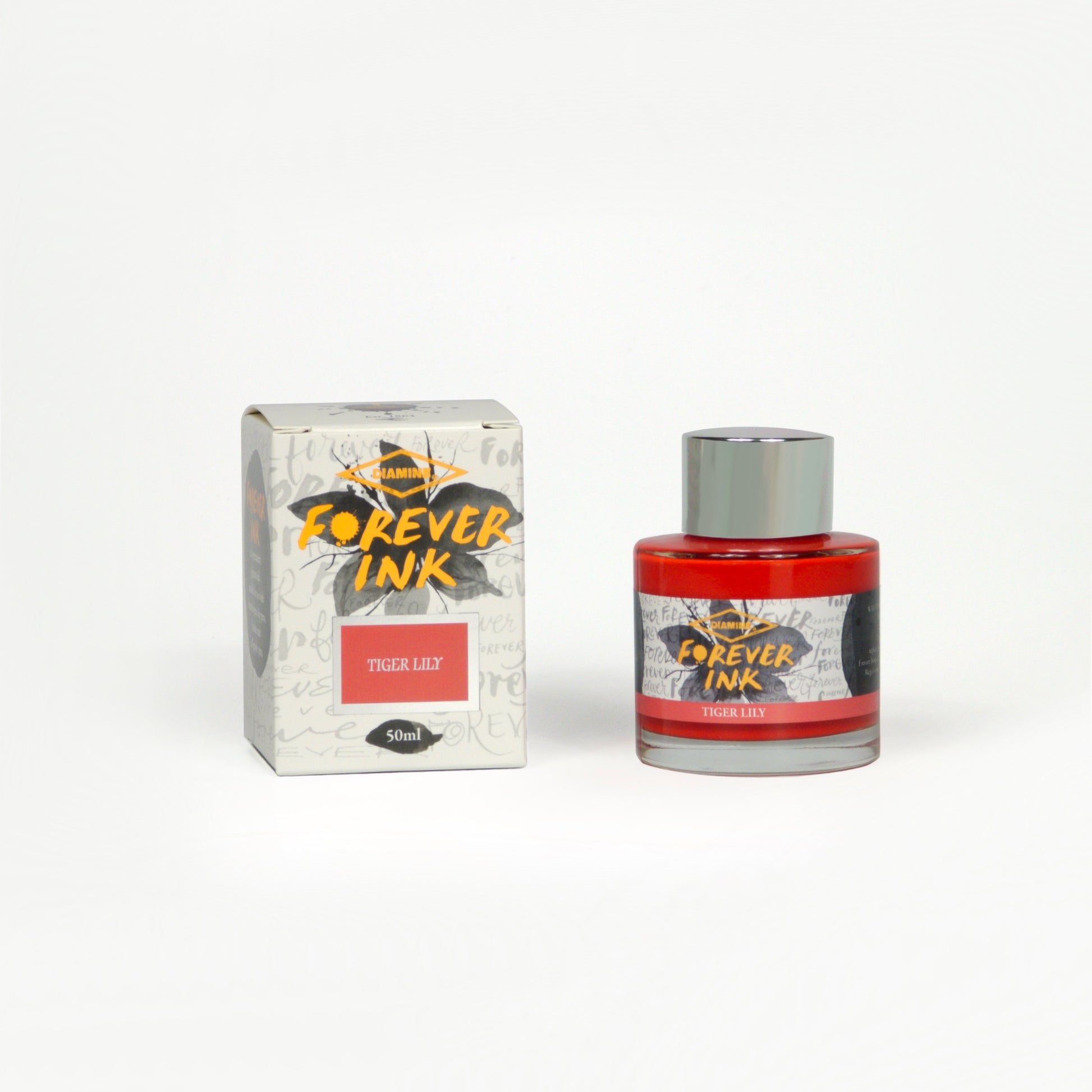 Diamine Tiger Lily Forever Ink fountain pen ink bottle and packaging on a white background.