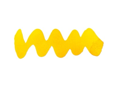 Wavy yellow line on a white background. Diamine Solar Yellow Forever Ink fountain pen ink colour swatch.