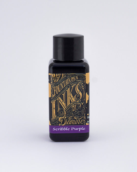 Diamine Scribble Purple fountain pen ink bottle and packaging on a white background.