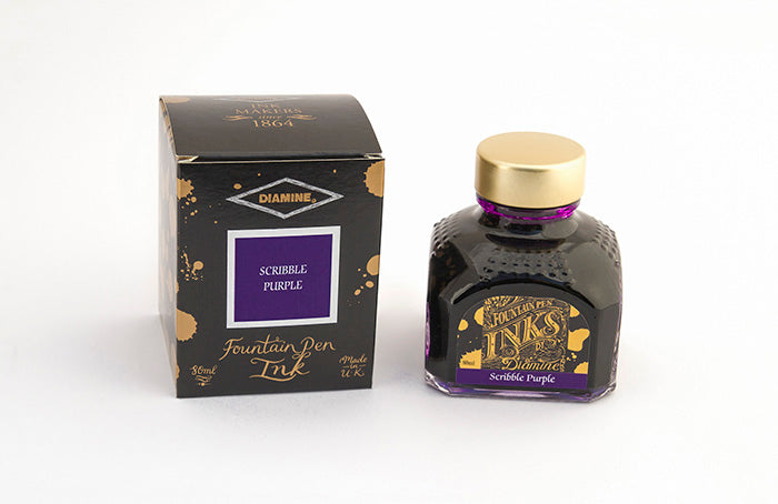 Diamine Scribble Purple fountain pen ink bottle and packaging on a white background.