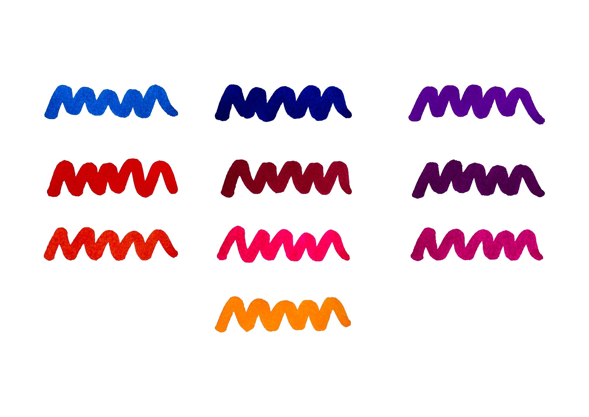 Colourful wavy lines of Diamine Fountain Pen Ink from the Flower Gift Set on a white background.