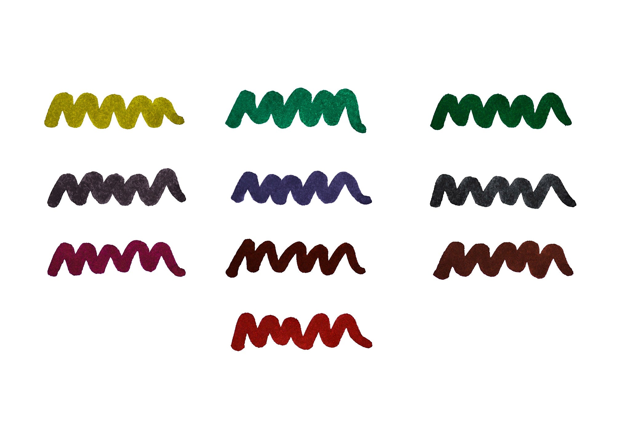 Colourful wavy lines of Diamine Fountain Pen Ink from the Music Gift Set on a white background.